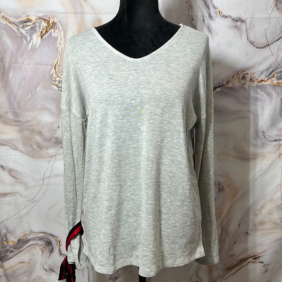 Halogen Heather Gray Bell Sleeve Sweater with Black and Red Ties at Sleeve SZ S - Picture 2 of 10